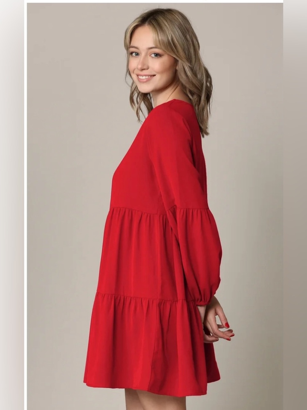 Red V-Neck Tiered bell Sleeve swing Dress made by Johnny Was